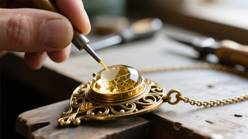 Macro shot of a jeweler applying precision adhesive to a loose gold-foil glass cabochon on a heavy brass vintage necklace setting