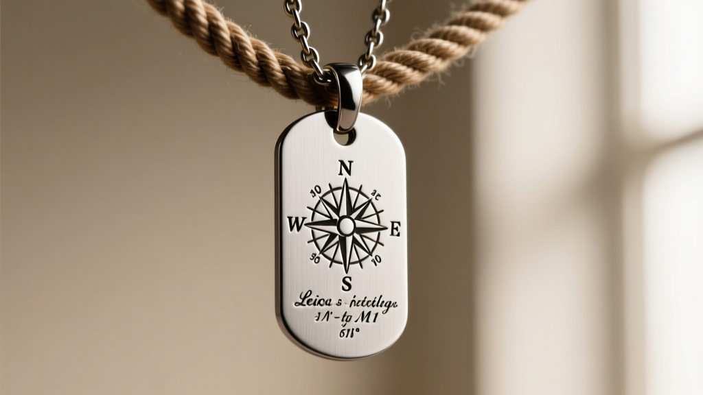 Macro shot of a brushed titanium dog tag pendant with a deeply engraved compass and coordinates, hanging from a thick rope chain