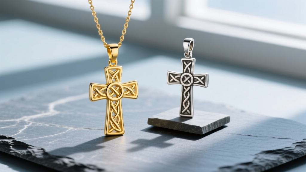 Flat lay comparing a polished 14k yellow gold James Avery celtic cross pendant and an antiqued sterling silver version on slate.