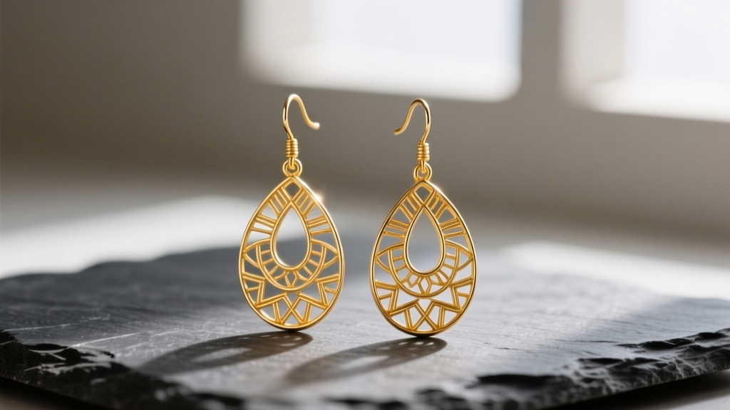 Close-up of 14k gold filigree drop earrings from Yucatán on dark slate, soft lighting highlighting the delicate wirework details.