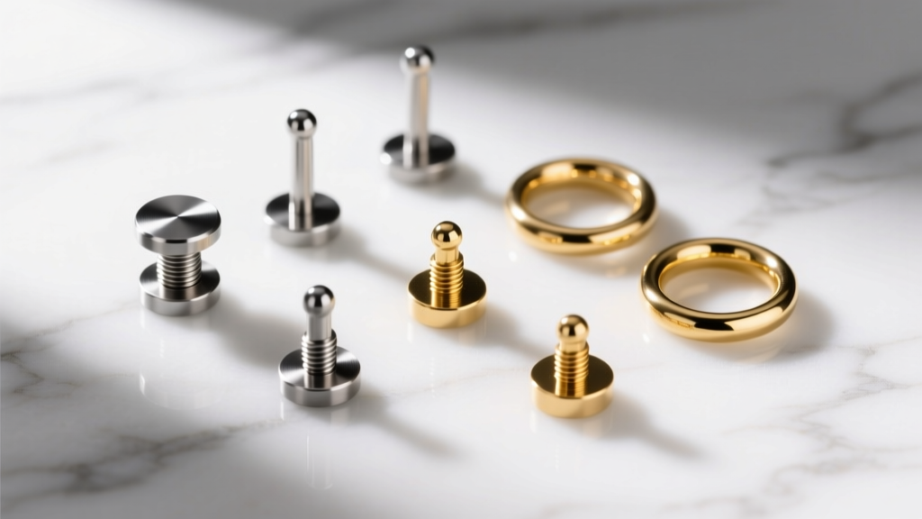 Flat lay of implant-grade titanium flat back labrets and 18k gold clicker hoops on marble, highlighting threading and post thickness.