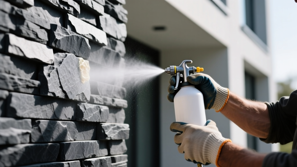 Close-up of a mason applying a penetrating silane-siloxane sealer to a charcoal-stacked wall stone veneer panel exterior using a pump sprayer
