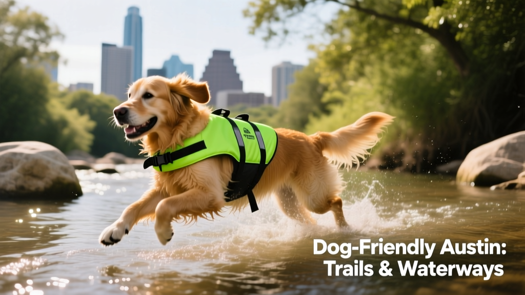 a dog in a fluorescent green lifejacket running through a river in Austin