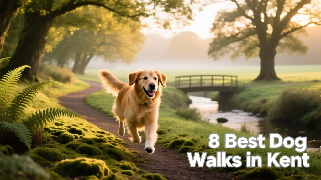 A happy dog trotting along a sun-dappled path through lush green parkland