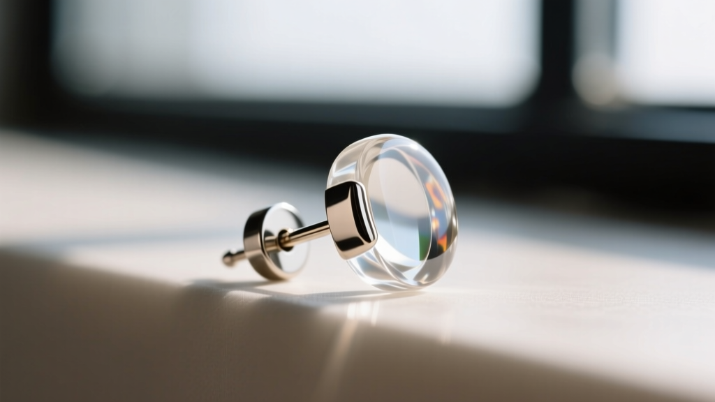 Close-up of a resin stud earring back showing an embedded 20-gauge titanium post flush against the clear cured epoxy backing