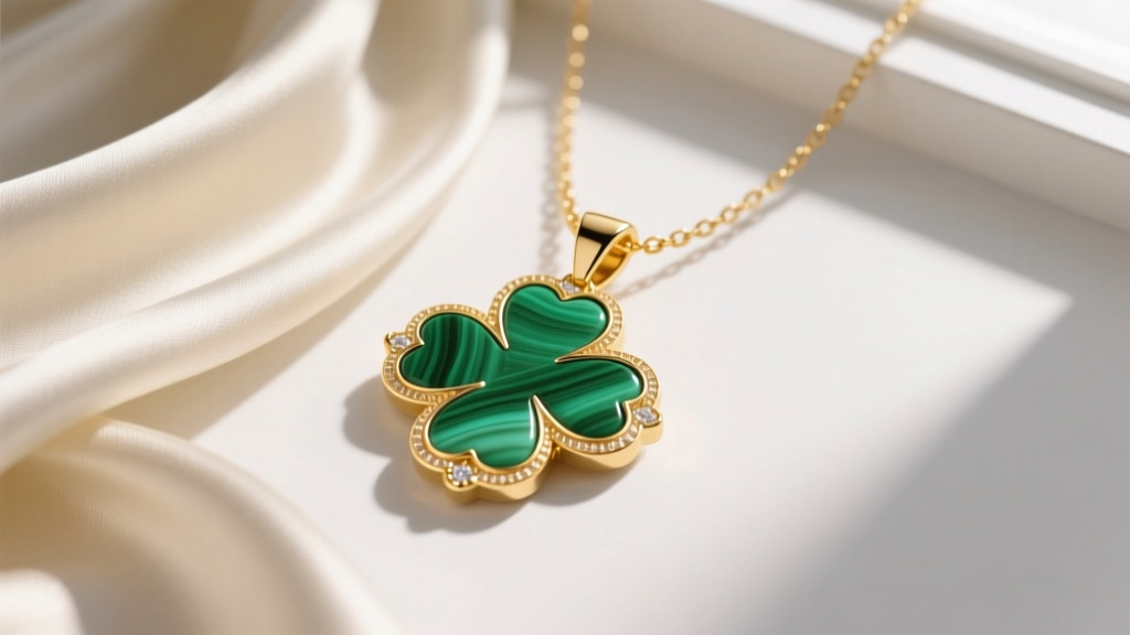 Flat lay of an 18k yellow gold clover pendant necklace with green malachite inlay resting on draped soft ivory silk fabric