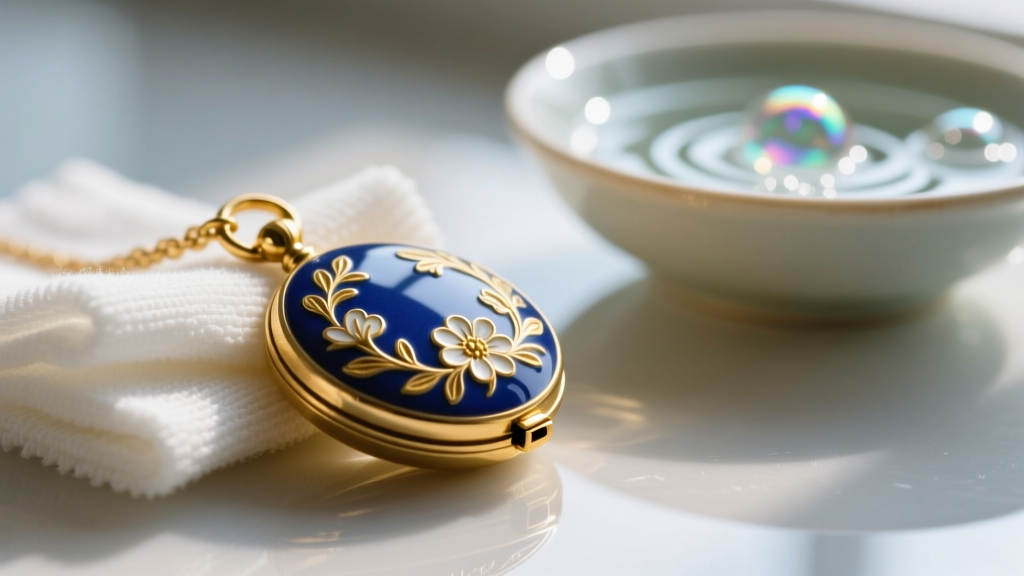 Microfiber cloth wiping a vintage enamel and gold locket pendant, with a bowl of soapy water in the softly blurred background.