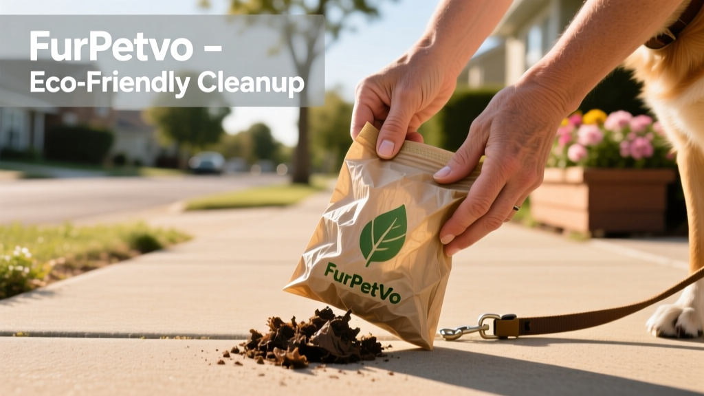 Close-up of hands holding a FurPetVo biodegradable poop bag while scooping waste from a paved sidewalk