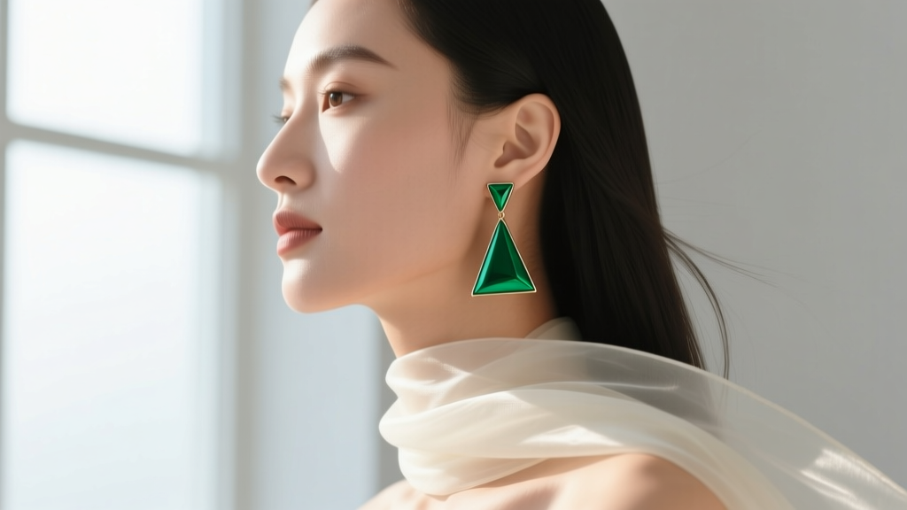 Side profile of a woman wearing malachite green triangle drop earrings, showing the sharp bottom point clearing a silk scarf.