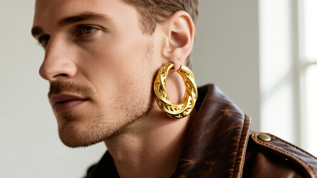 Close-up of a man wearing a thick 14k yellow gold oversized hoop earring, styled with a vintage leather jacket and light stubble