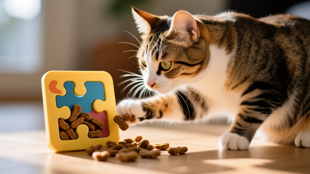 A cat interacting playfully with a puzzle toy filled with dry treats, demonstrating engagement and enrichment