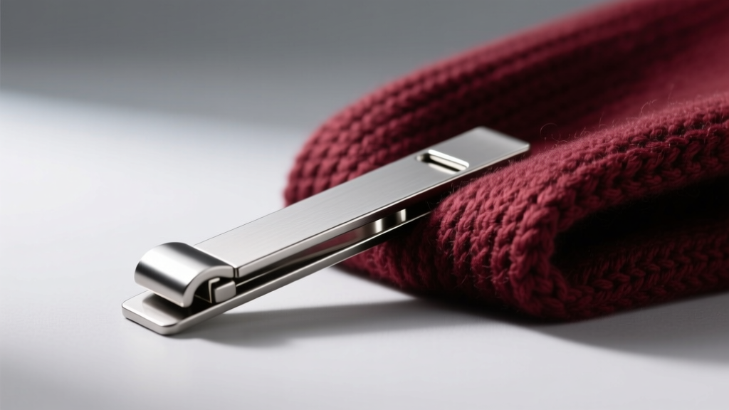 Side profile of a heavy 4mm gauge stainless steel scarf slide holding a thick winter wool scarf without bending or warping