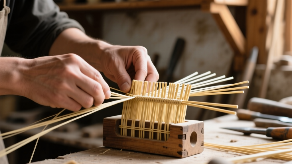 Artisan hands weaving thin blonde cane over a small wooden mold, showing the tight tension and precise spacing of the stakes.