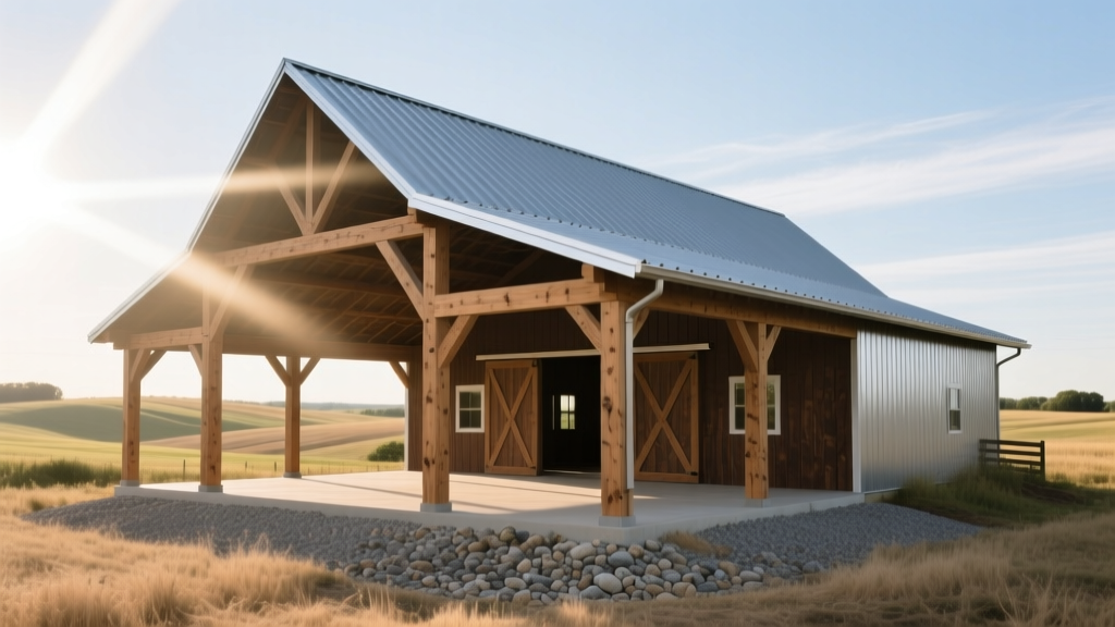 A partially framed 36x48 post-frame barn featuring exposed 6x6 pressure-treated columns, galvanized steel roof trusses, and a gravel base in a rural setting