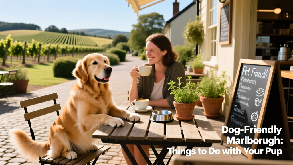 A relaxed dog sitting beside their owner at an outdoor table of a sunny, dog-friendly cafe in Marlborough.