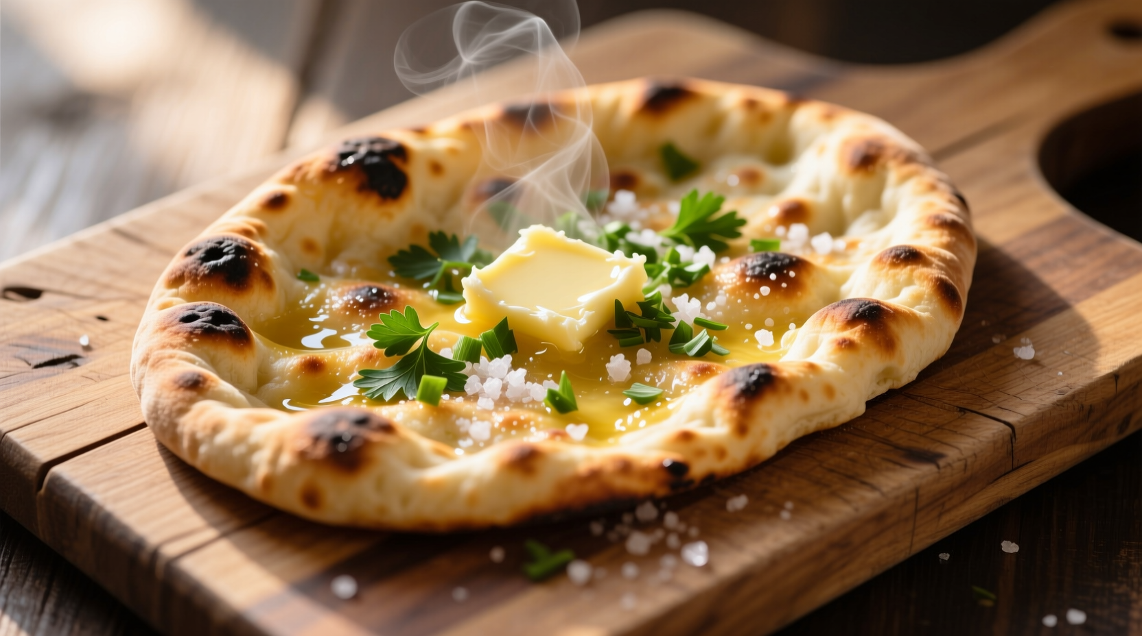 Golden garlic naan bread on wooden cutting board