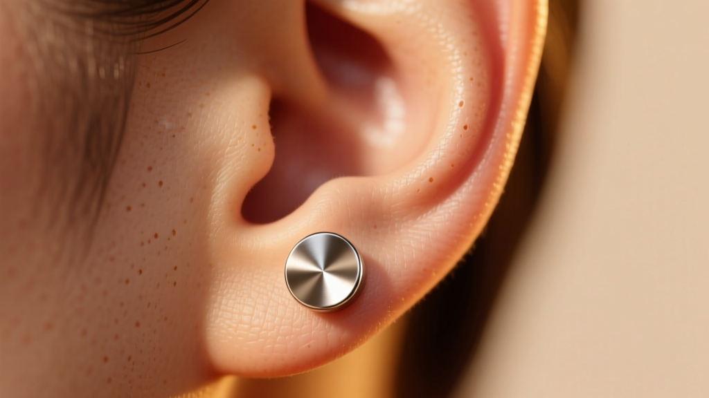 Macro close-up of a healthy earlobe wearing a polished titanium flat-back stud, soft lighting, warm background, crisp detail