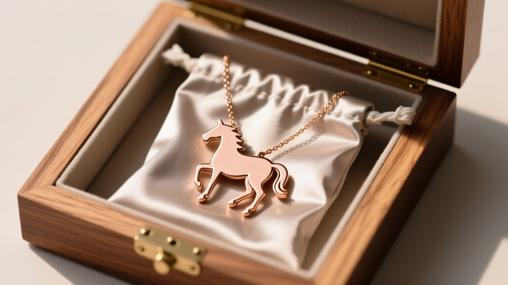 Anti-tarnish storage pouch holding a delicate rose gold horse silhouette necklace, placed inside a lined wooden jewelry box.