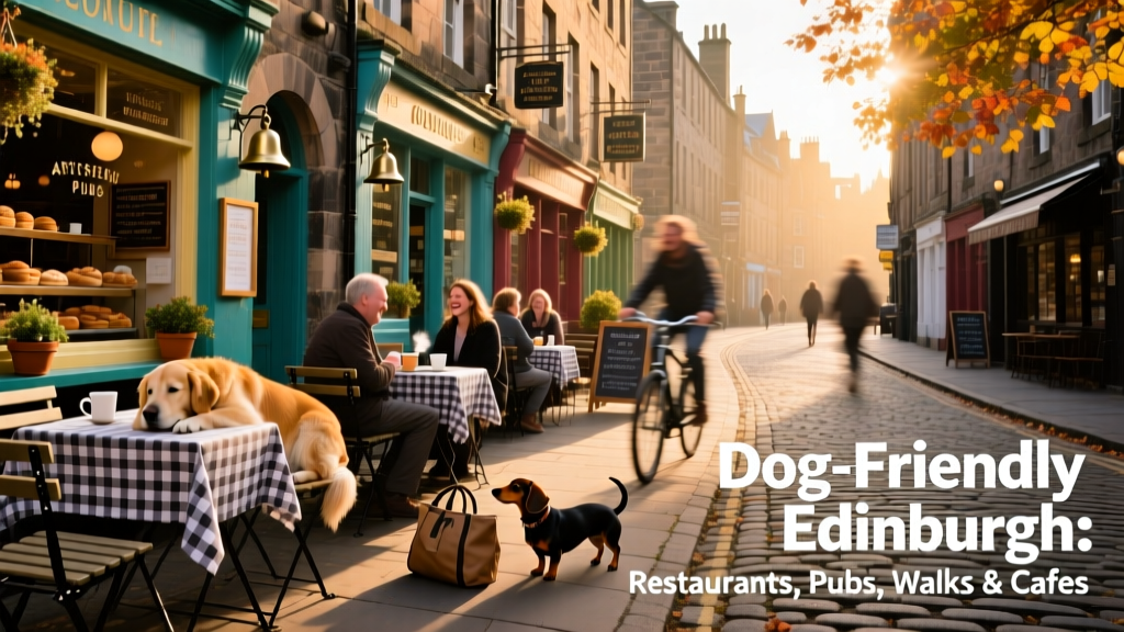 A bustling, historic street in Edinburgh with colourful shopfronts and dogs sitting beside patrons at outdoor tables