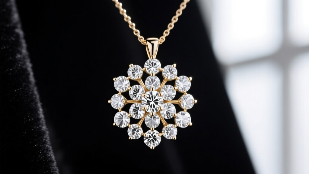 Macro shot of a white gold diamond cluster necklace pendant featuring a floral arrangement of round stones on dark velvet