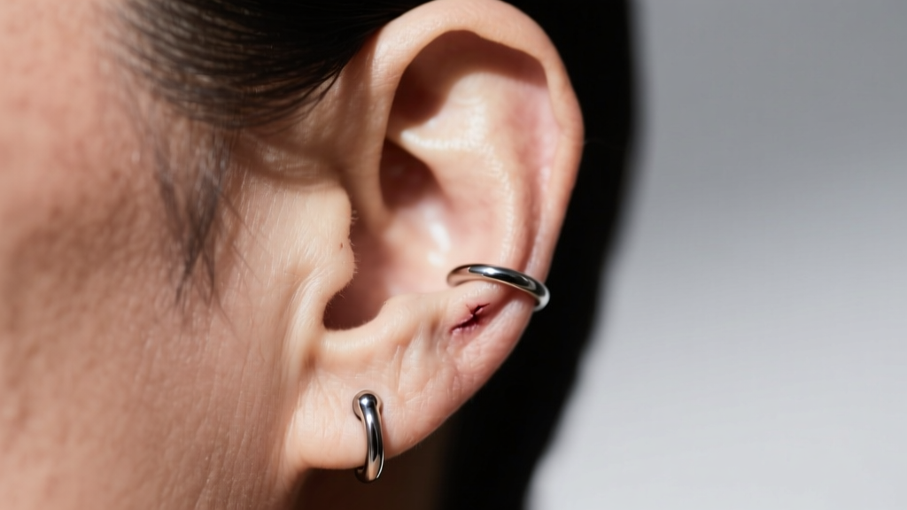 Side profile of a healed earlobe wearing a 14-gauge implant-grade titanium captive bead ring with perfectly flush closure.