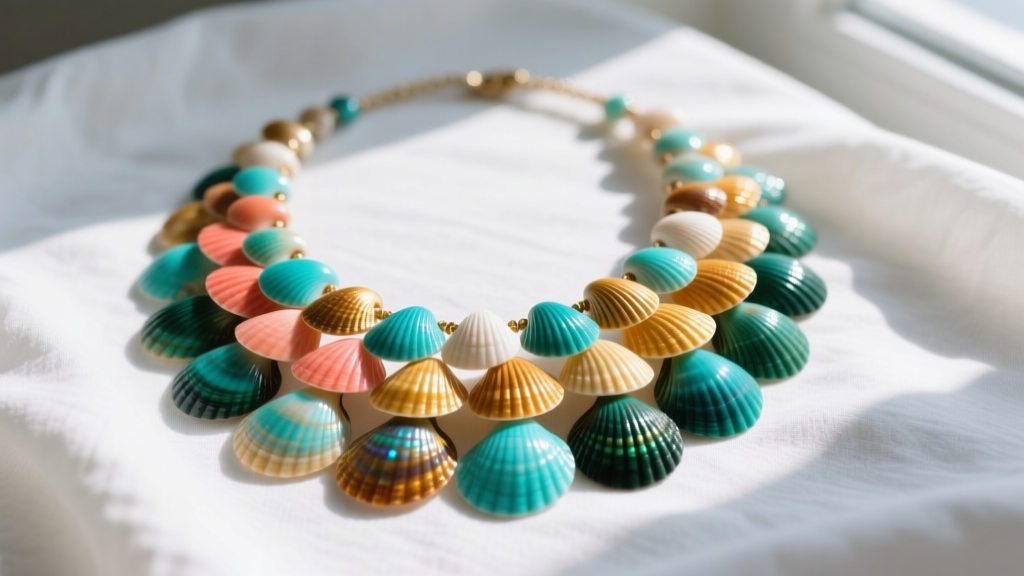 Vibrant colorful seashell necklace with dyed puka shells resting on white linen fabric, illuminated by soft natural window light.