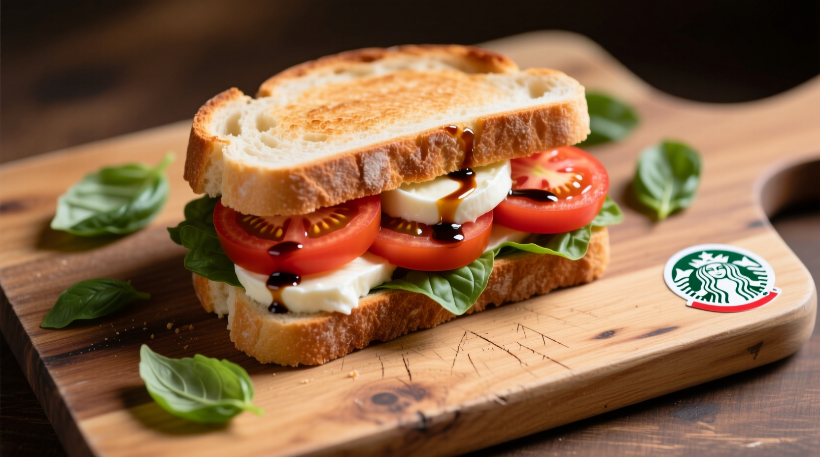 Starbucks tomato and mozzarella sandwich on wooden board