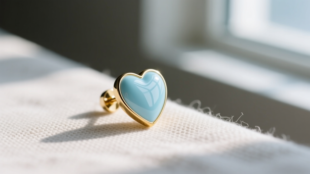 Side profile of pastel blue enamel candy heart stud earring on textured linen, showing the smooth glass finish and 14k gold bezel.