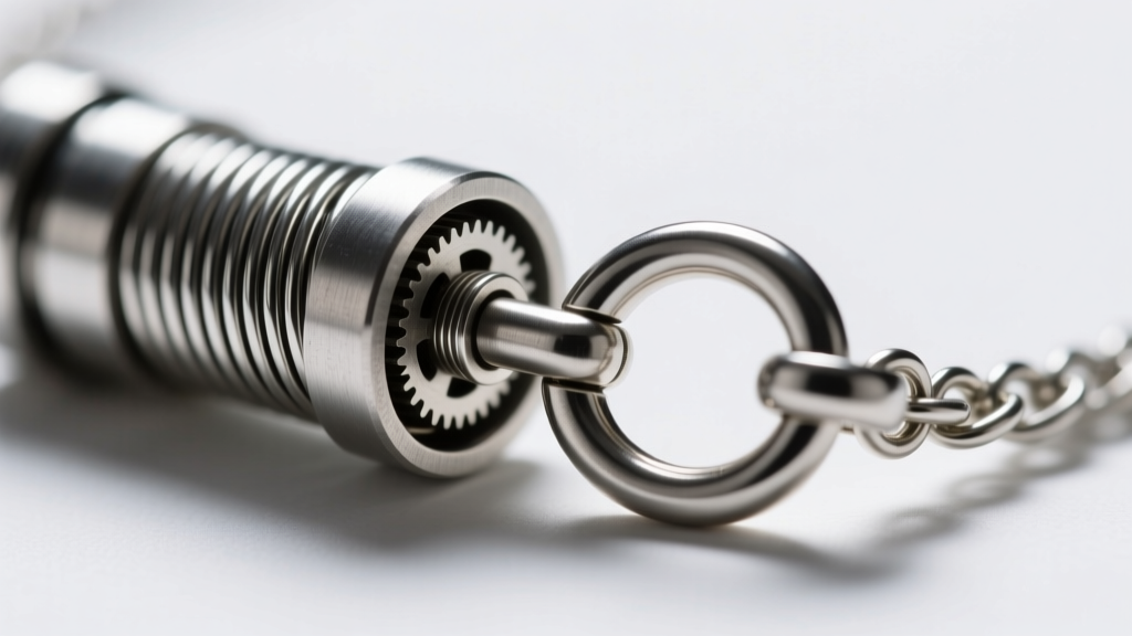 Detailed macro shot of a Pasquatch necklace barrel clasp revealing the internal spring mechanism and secure figure-8 safety catch.
