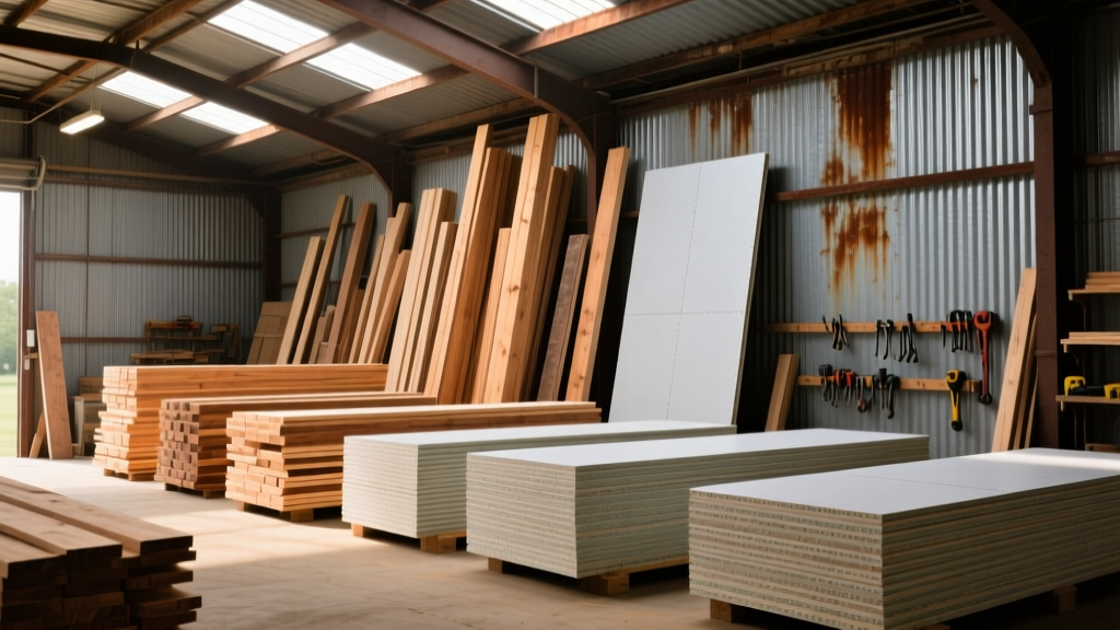 Discounted dimensional lumber and stacked drywall inside a rustic corrugated metal surplus building materials warehouse in Starkville
