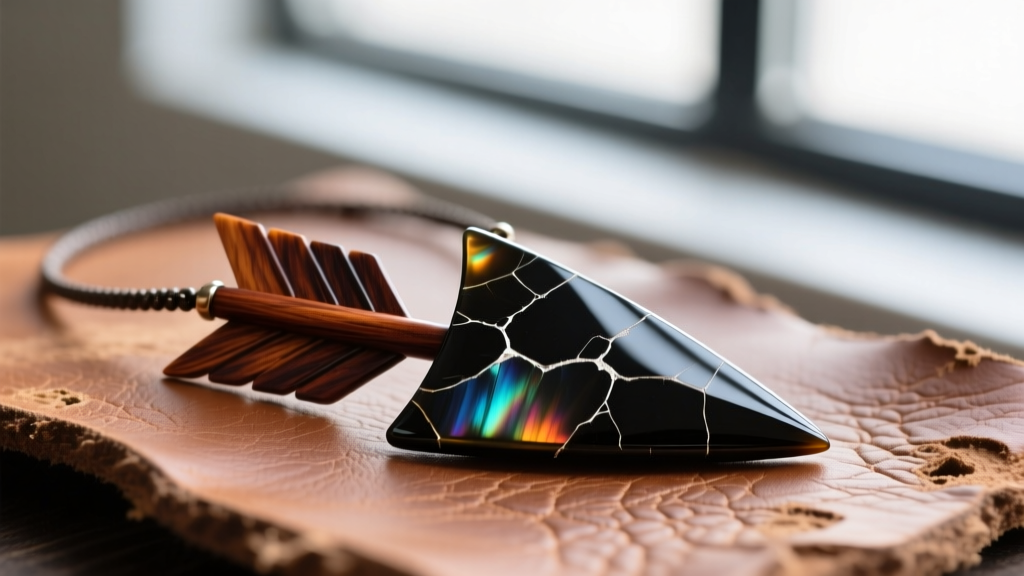 Macro photography of a hand-carved mahogany obsidian arrowhead necklace resting on raw leather, highlighting the glassy fracture