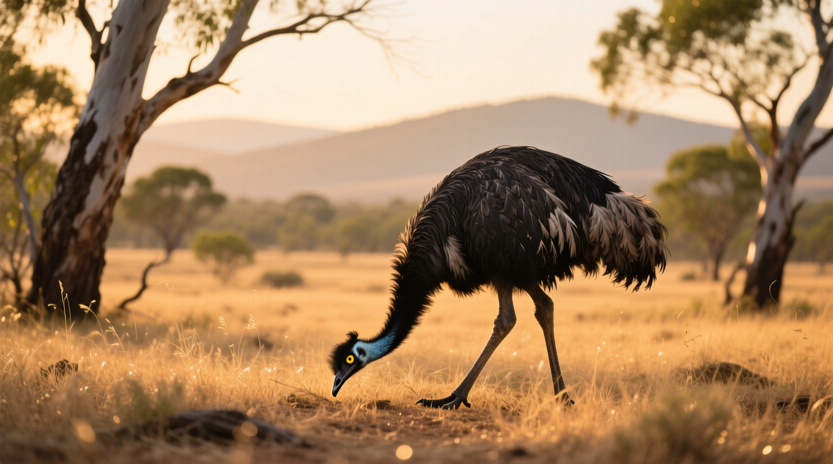 Emu foraging for food in Australian bushland