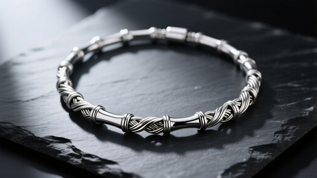 Sterling silver John Hardy bamboo necklace on dark slate, softly lit to highlight the intricate woven links and textured metal.