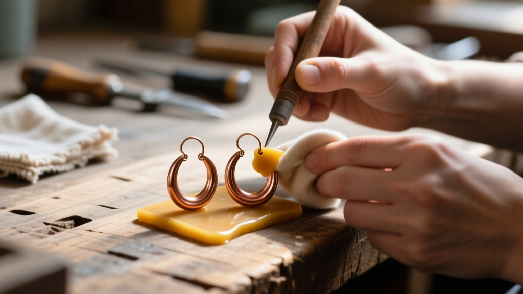Hands applying wax to 14-gauge copper hoop earrings with a microfiber cloth on a rustic wooden workbench in soft natural daylight.