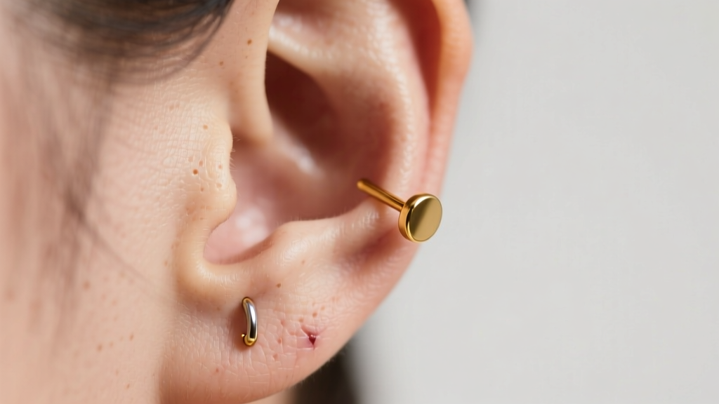Close-up of a healthy healed earlobe piercing wearing a simple 14k gold stud, soft clinical lighting, high detail skin texture.