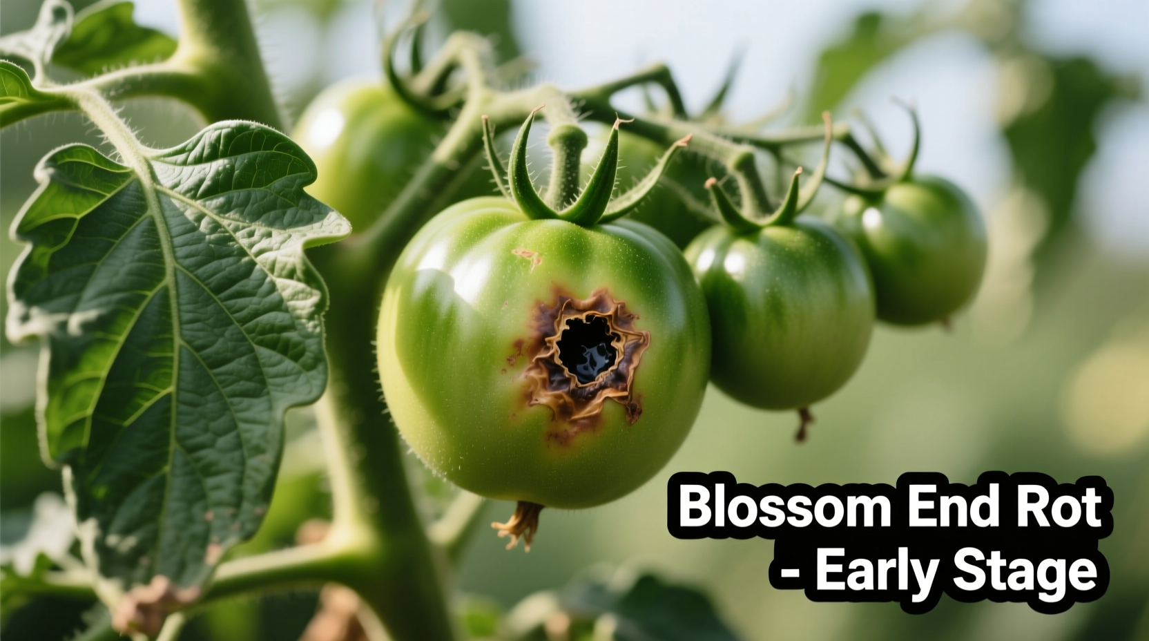 Tomato plant showing early blossom end rot symptoms on green fruit
