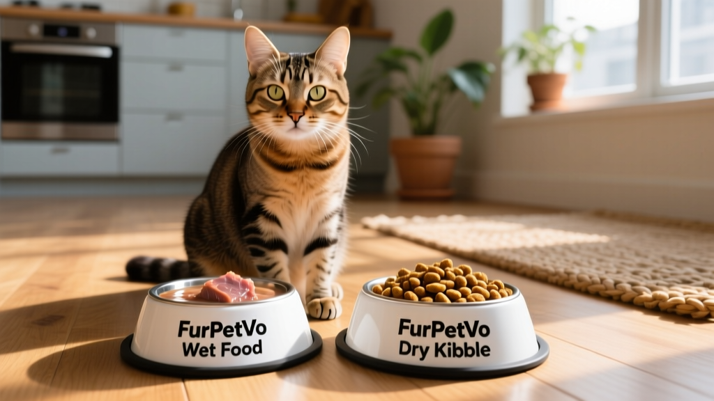 A happy, healthy cat sitting beside two labeled bowls—one with FurPetVo wet food, one with FurPetVo dry kibble