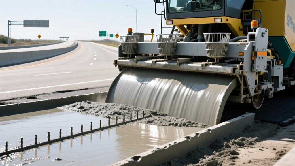 Slip-form paver extruding Portland cement concrete on a multi-lane freeway with steel dowel baskets aligned at transverse joints