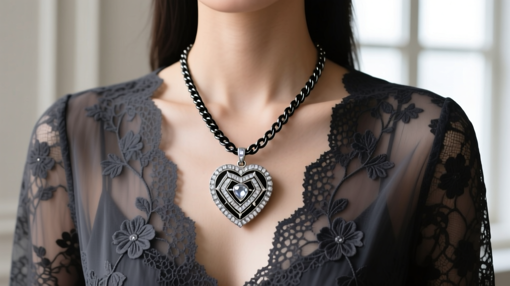 Layered marcasite heart pendant with an 18-inch blackened silver rolo chain, styled over a sheer dark academia lace blouse.