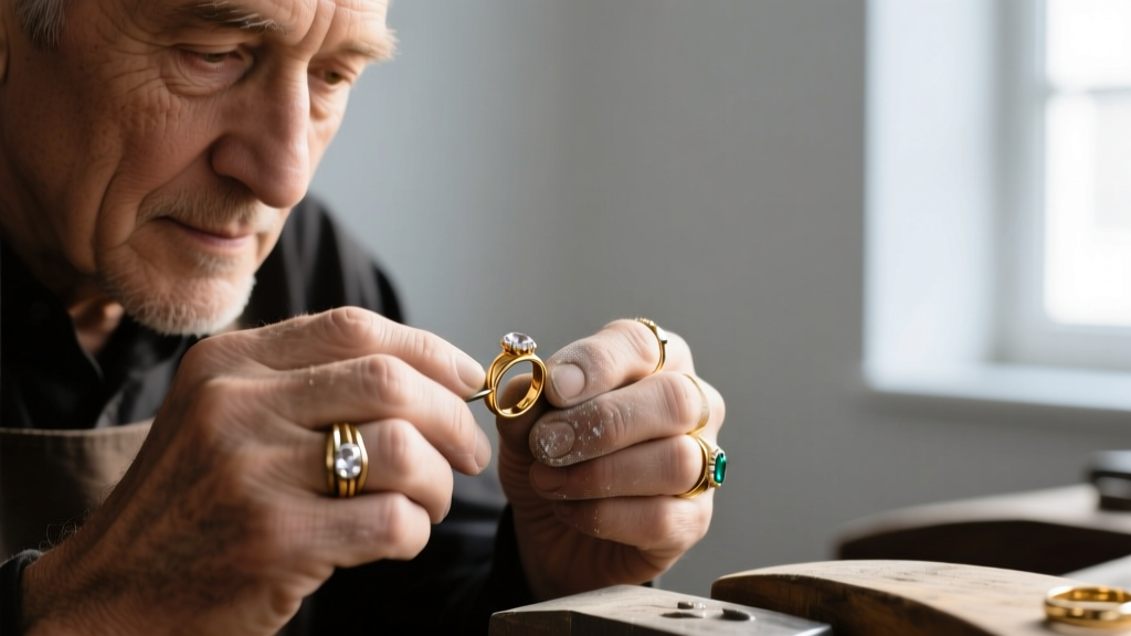 Close-up of a jeweler's hands using a precision laser welding machine to solder a broken 14k yellow gold rope chain link
