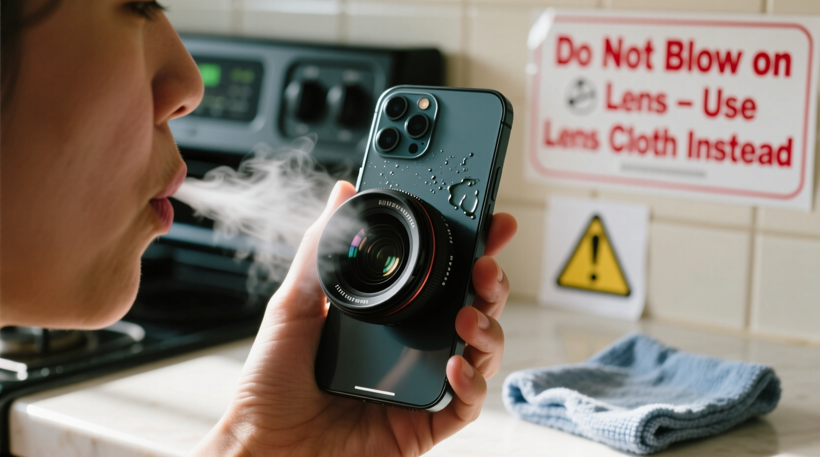 no you shouldnt blow on a camera lens to clean it