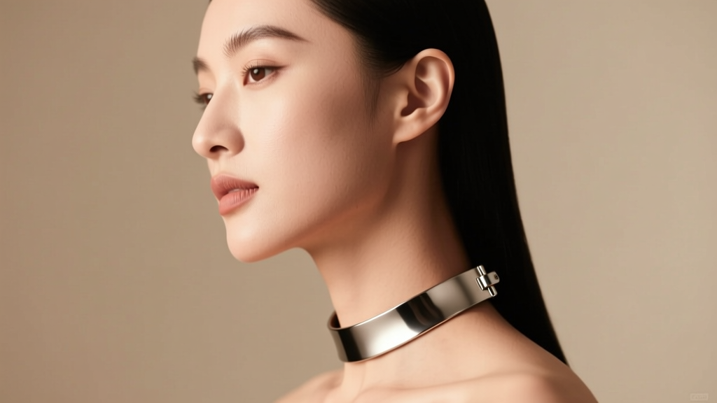 Side profile of a woman wearing a polished titanium metal choker necklace with a magnetic clasp under soft, warm studio lighting.
