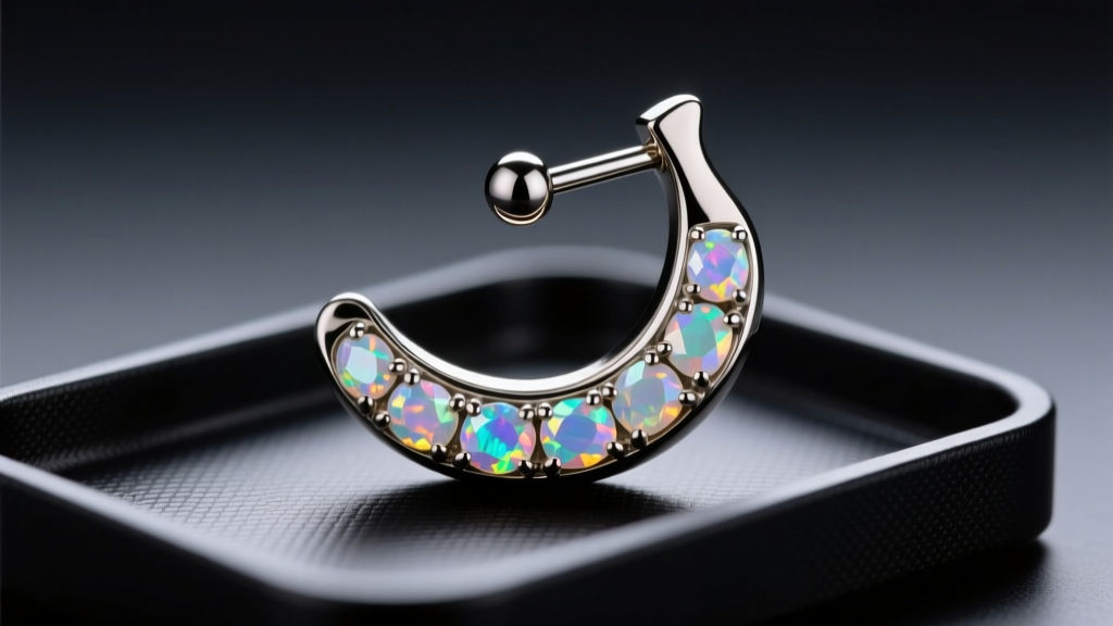 Close-up of a 16-gauge implant-grade titanium curved barbell banana earring with opal gems resting on a dark piercing tray