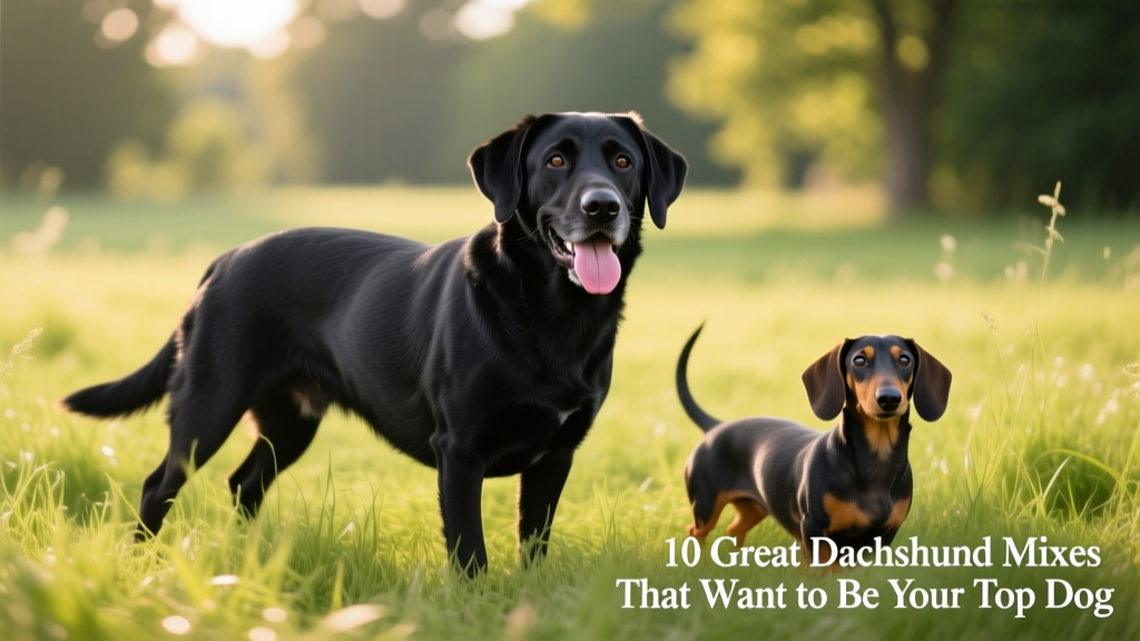 black labrador retriever dachshund mix standing in grass with his tongue out
