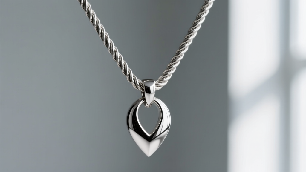 Macro shot of a 2mm stainless steel rope chain holding a heavy silver pendant, showing the chain pulling into a deep V-shape drop.