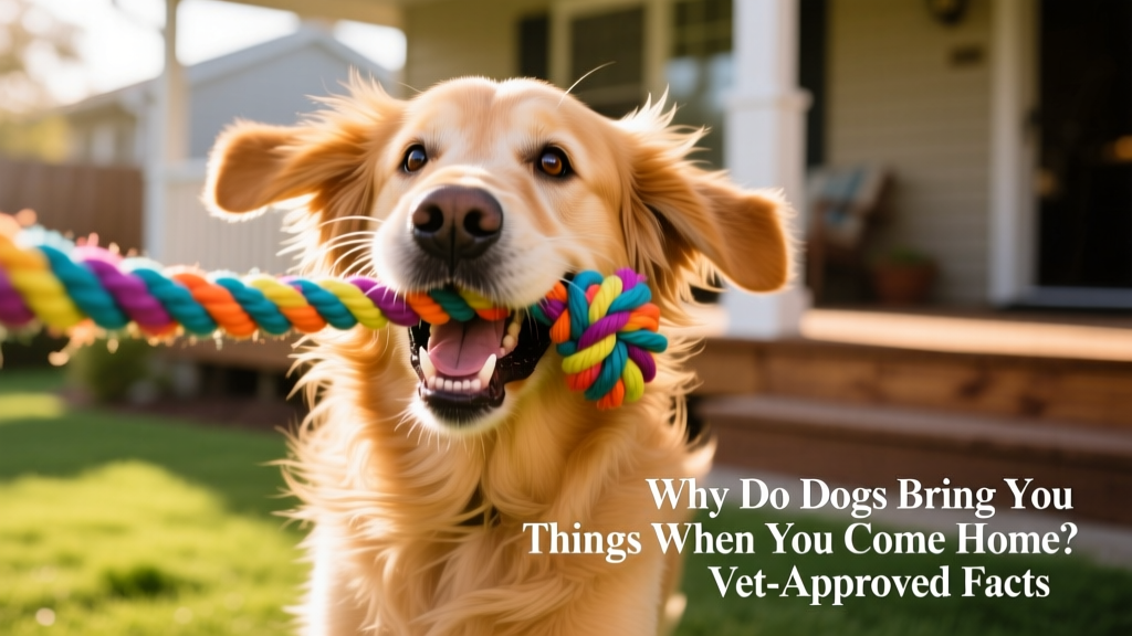 Close up portrait of dog playing fetch with colorful toy rope