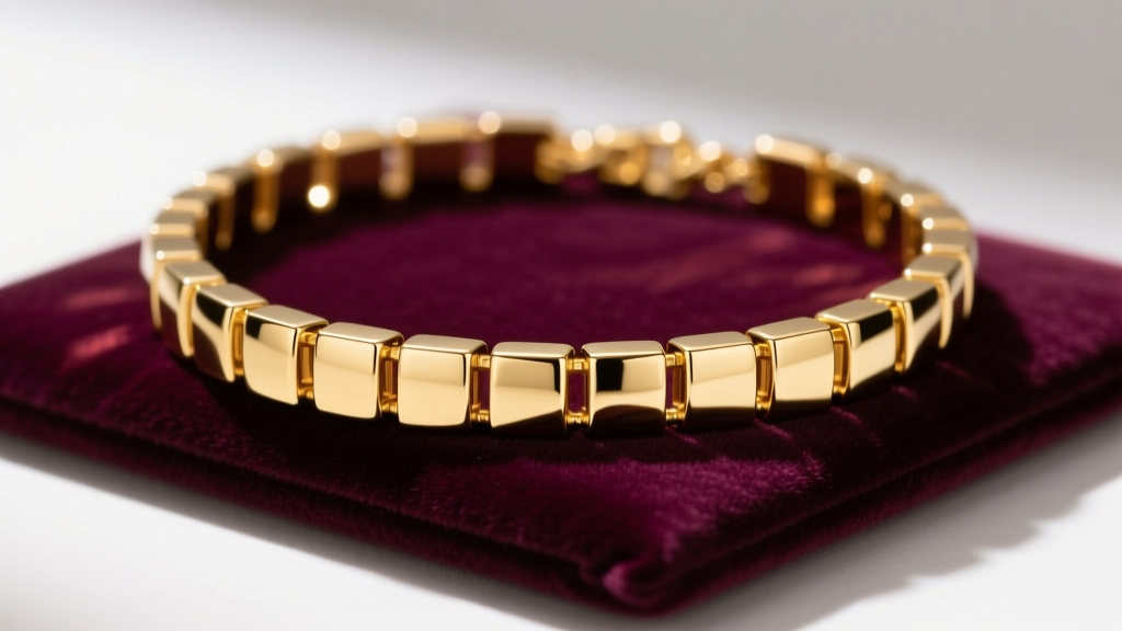 Side profile of a solid 14k yellow gold square Cuban link necklace showing flat geometric edges and high polish on a velvet pad