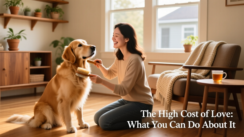 A smiling person gently brushing their dog's coat at home