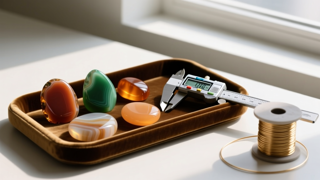 Velvet tray displaying polished agate and jasper cabochons in earthy tones, next to a digital caliper and a spool of brass wire.