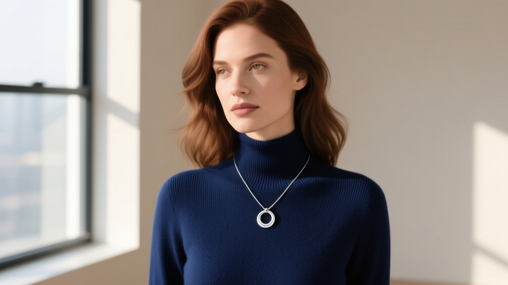 Elegant woman wearing a delicate sterling silver disc pendant necklace over a navy blue crewneck sweater in soft natural daylight